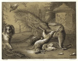 Nature morte avec un paon et un chien